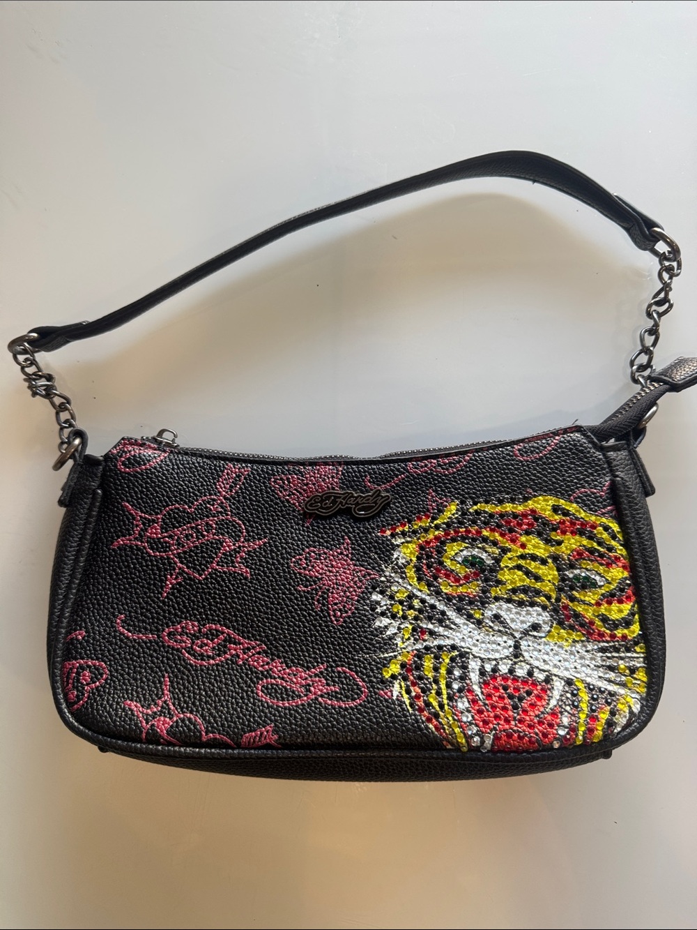Ed Hardy Black Embroidered Tiger Shoulder Bag